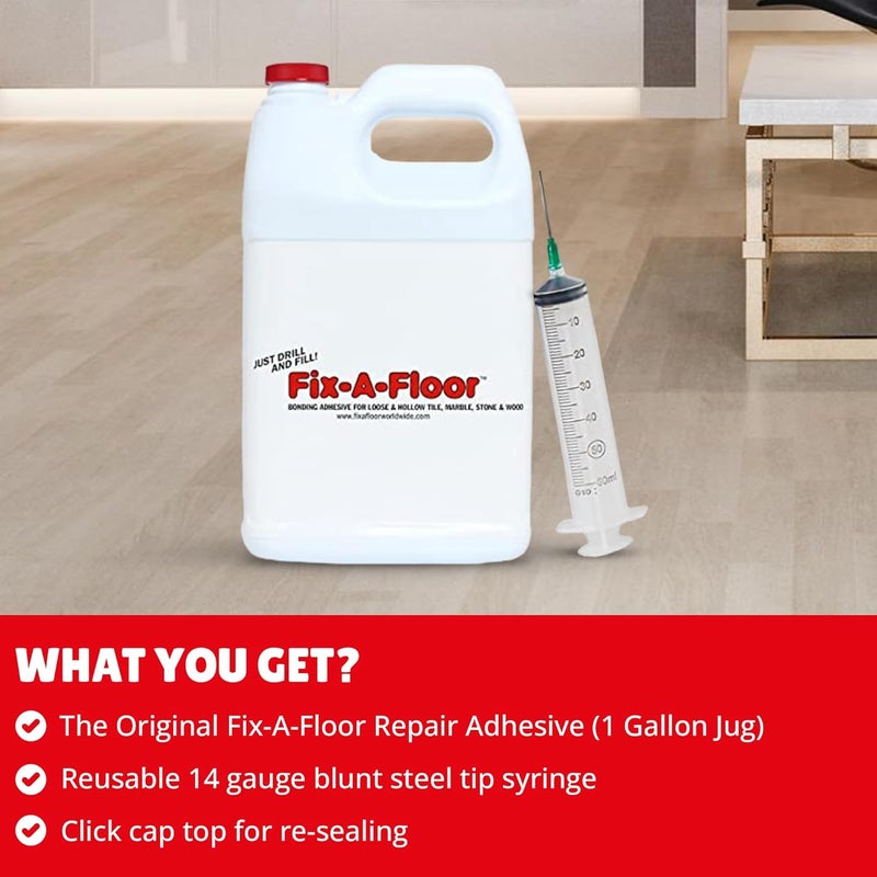 Fix-A-Floor Tile Repair Adhesive – Extra Strength Adhesive for Tile, Marble, Stone, Wood - Easy DIY Repair – Versatile Compatibility - 1 Gallon Jug – Comes with a Syringe Applicator - Image 3